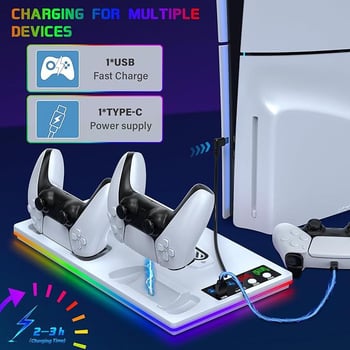 PS5 Pro / PS5 Slim / PS5 Konzola – RGB svetelná chladiaca základňa a nabíjací stojan na ovládač, model YH-69
