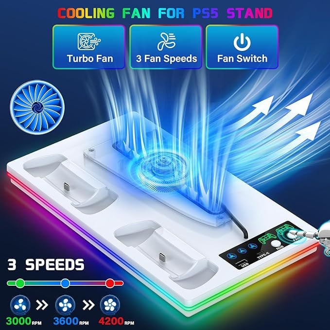 PS5 Pro / PS5 Slim / PS5 Konzola – RGB svetelná chladiaca základňa a nabíjací stojan na ovládač, model YH-69