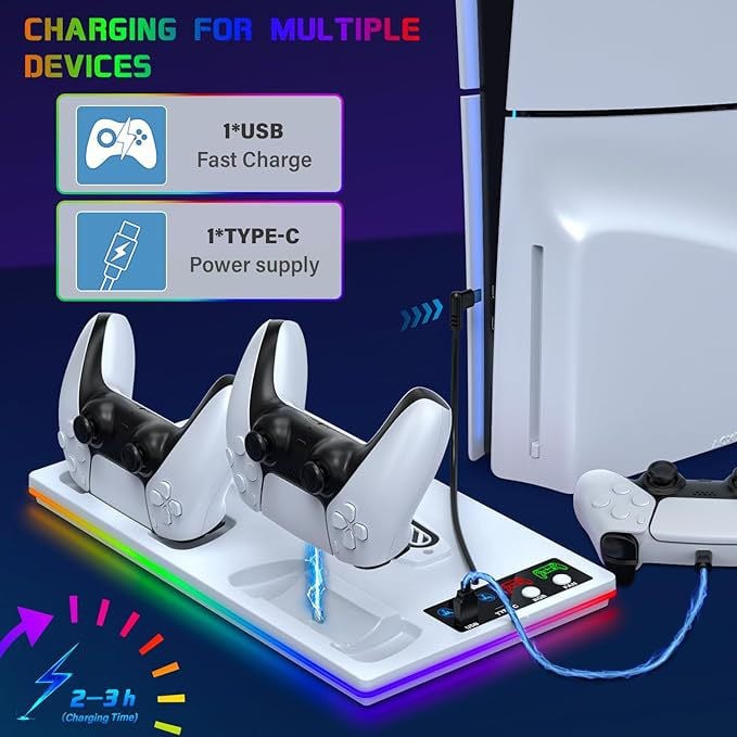 PS5 Pro / PS5 Slim / PS5 Konzola – RGB svetelná chladiaca základňa a nabíjací stojan na ovládač, model YH-69