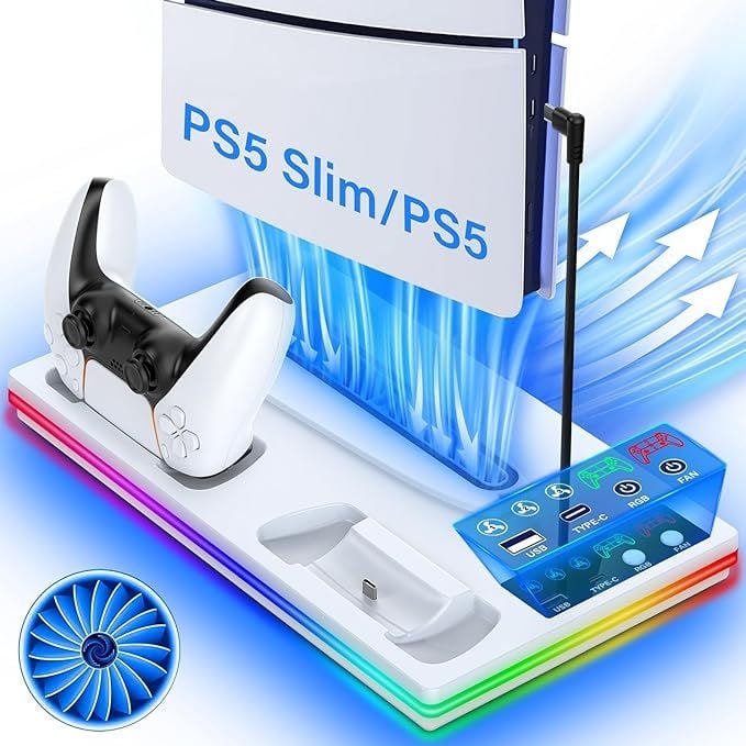 PS5 Pro / PS5 Slim / PS5 Konzola – RGB svetelná chladiaca základňa a nabíjací stojan na ovládač, model YH-69