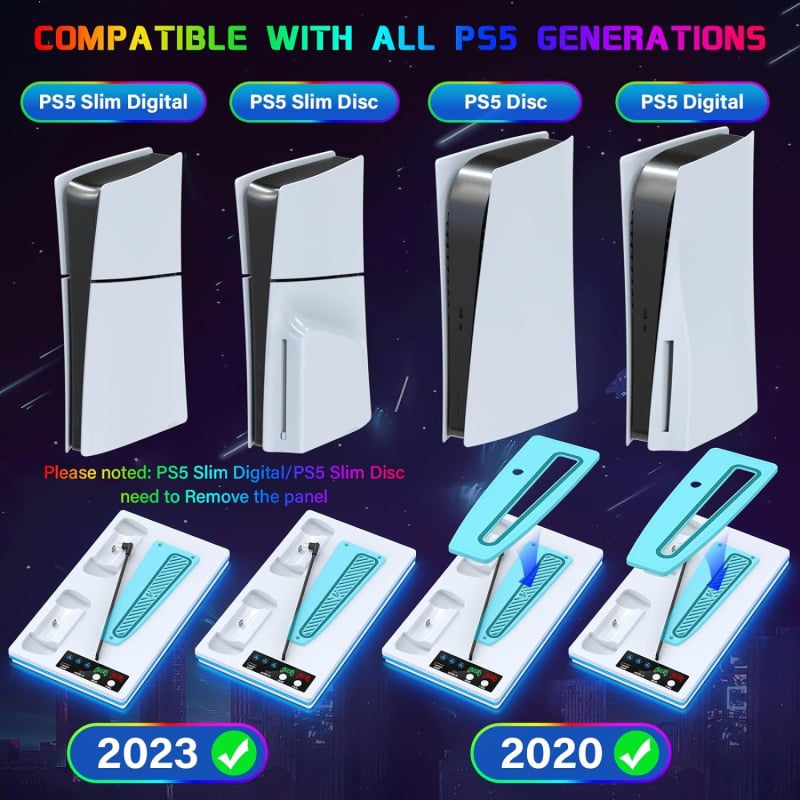 PS5 Pro / PS5 Slim / PS5 Konzola – RGB svetelná chladiaca základňa a nabíjací stojan na ovládač, model YH-69