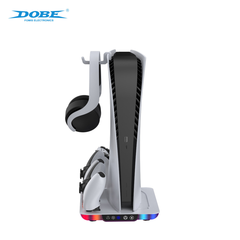 PS5 rashladna baza s dokom za punjenje i skladištem slušalica, RGB osvjetljenje, USB-C interfejs, ABS materijal, kompatibilno s PS5 Slim/Pro