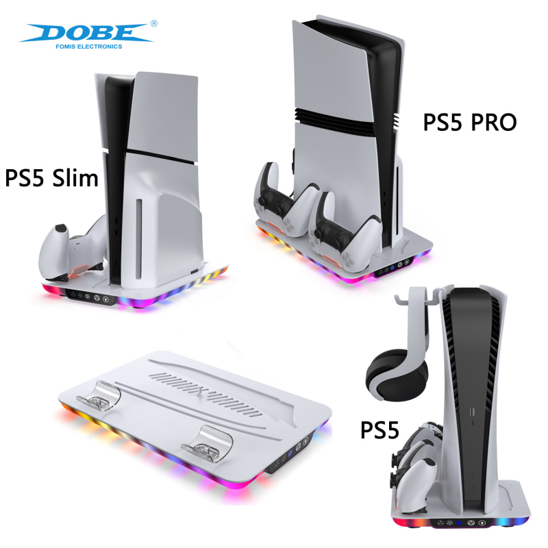 PS5 rashladna baza s dokom za punjenje i skladištem slušalica, RGB osvjetljenje, USB-C interfejs, ABS materijal, kompatibilno s PS5 Slim/Pro
