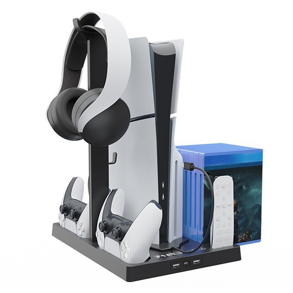 PS5 Slim ABS chladiaca a nabíjacia základňa s úložiskom diskov