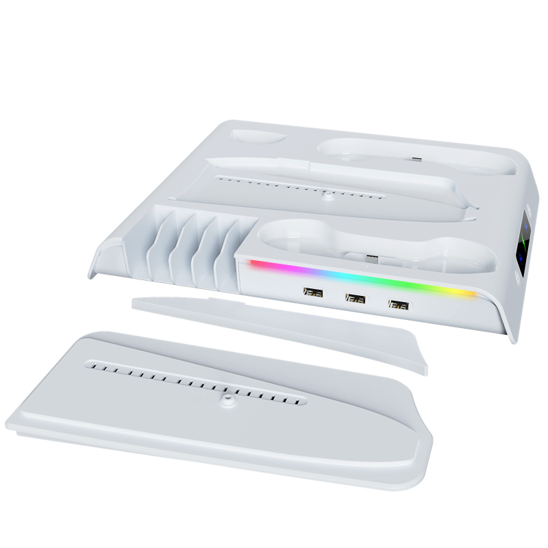 PS5 Slim/Pro baza za skladištenje i punjenje s integriranim ambijentalnim svjetlosnim prstenom; ABS materijal; kompatibilno s PS5 Slim/Pro digitalnom i verzijom s optičkim pogonom; težina 560 g