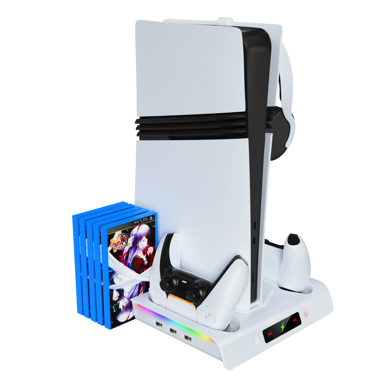 PS5 Slim/Pro baza za skladištenje i punjenje s integriranim ambijentalnim svjetlosnim prstenom; ABS materijal; kompatibilno s PS5 Slim/Pro digitalnom i verzijom s optičkim pogonom; težina 560 g