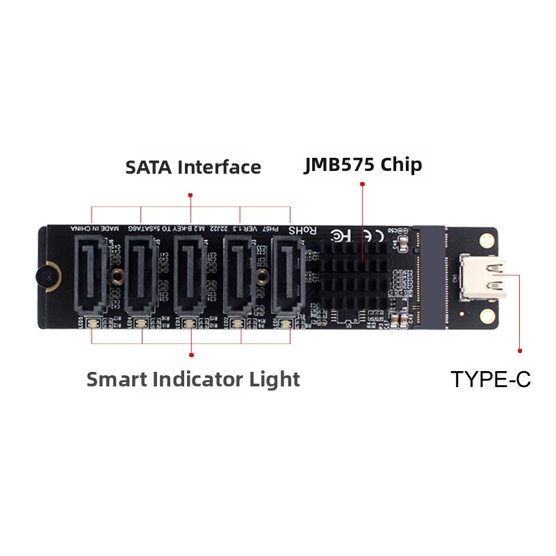 Rozširujúca karta USB na SATA, 5-portová, JMS580 + JMB575, SATA3.0 6Gbps, 30 cm kábel