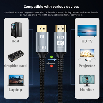 DP uz HDMI pārveidotāja kabelis, zeltīts, 4K30Hz, garums 2 m