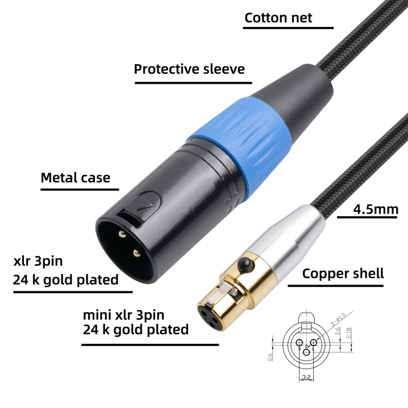 Kabel adapter s pozlaćenim završetkom: mini XLR samica na muški, za prijenos zvuka uživo, kameru i mikrofon – dvostruko zaštićeni kabel
