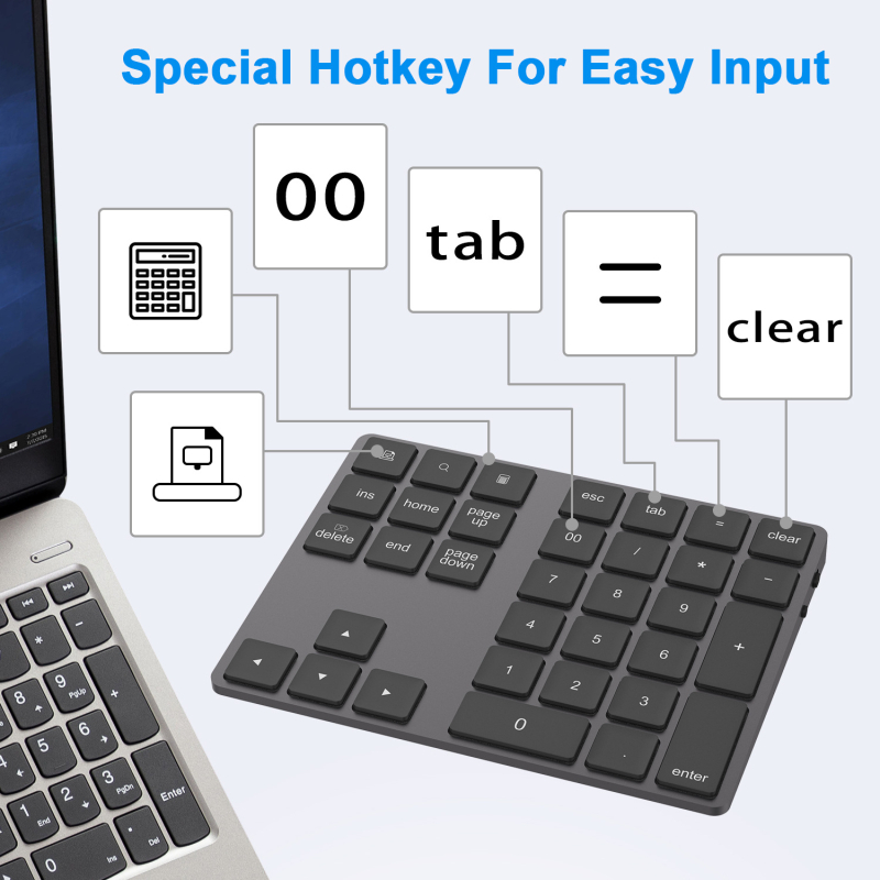 BT181PRO Bluetooth numerikus billentyűzet, 34 gomb, vezeték nélküli, USB-C kábel a csomagban, Plug-and-Play