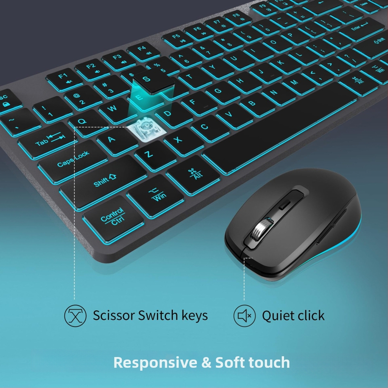 Bezdrôtový set klávesnice a myši – 2.4G USB bezdrôtové pripojenie, 1600dpi optický senzor, podsvietenie, ergonický, kompatibilný s notebookmi
