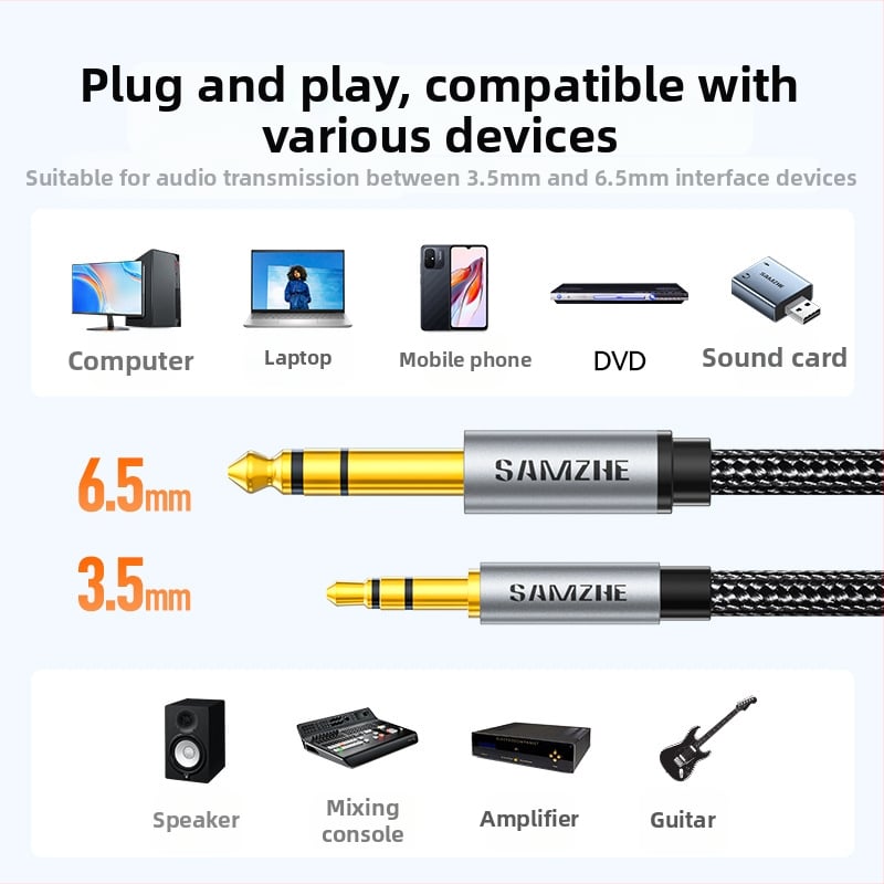 YPZ-10 Audio adaptér 3,5 mm na 6,5 mm, pozlátený, pre elektrickú gitaru a elektronické piano, pripojenie k zosilňovaču a počítaču