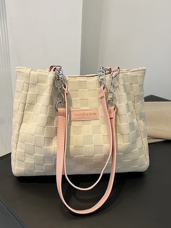 Geantă tote, stil stradal, material din bumbac, formă orizontală pătrată, închidere magnetică, căptușeală poliester-cotton