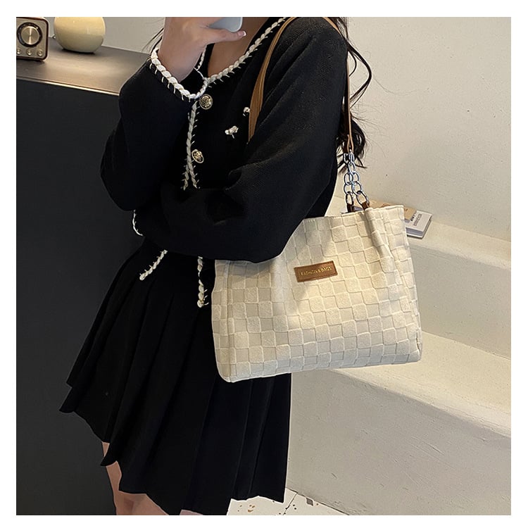 Geantă tote, stil stradal, material din bumbac, formă orizontală pătrată, închidere magnetică, căptușeală poliester-cotton