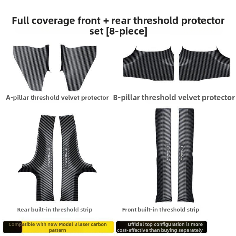 Tesla Model Y priekšējās un aizmugurējās durvju sliekšņa joslas ar lāzergravētu oglekļa rakstu un pedāļa aizsargplāksni
