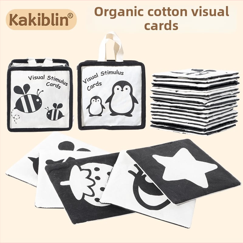 Kakiblin orgaaniline puuvillane must-valge visuaalne jälgimiskaar ja tekstiline raamat beebidele – puuvill, 0–3 aastat, visuaalne stimulatsioon, meeleline ja kognitiivne areng, emotsionaalne areng