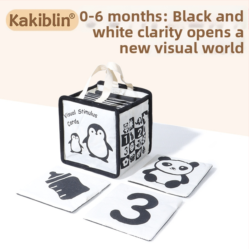 Kakiblin organiska kokvilnas melnbaltas vizuālās skatīšanās kartes un auduma grāmatiņa zīdaiņiem – kokvilna, 0–3 gadi, vizuālā stimulācija, sensorā un kognitīvā attīstība, emocionālā attīstība