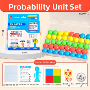 Probabilitātes vienību komplekts matemātikai 4.–5. klasei — plastmasas mācību komplekts ar spinneri, 40 bumbiņām, 2 kauliņiem, mācību monēta un uzglabāšanas somiņa (21 gab./kaste, 6 kastes/komplekts)