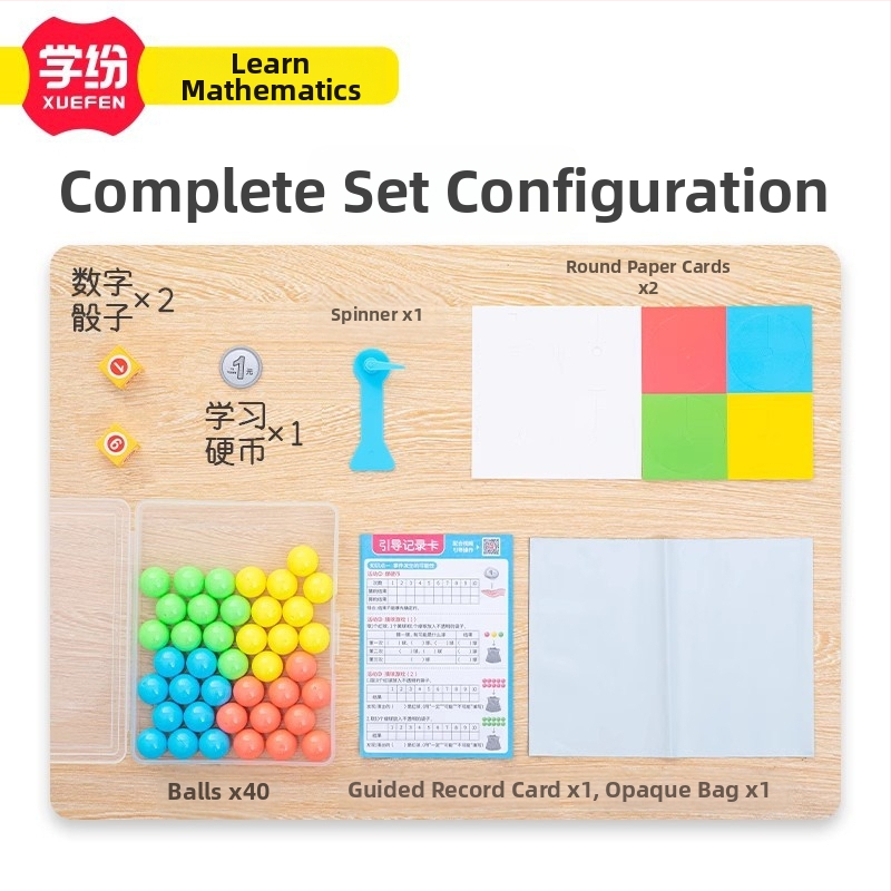 Probabilitātes vienību komplekts matemātikai 4.–5. klasei — plastmasas mācību komplekts ar spinneri, 40 bumbiņām, 2 kauliņiem, mācību monēta un uzglabāšanas somiņa (21 gab./kaste, 6 kastes/komplekts)