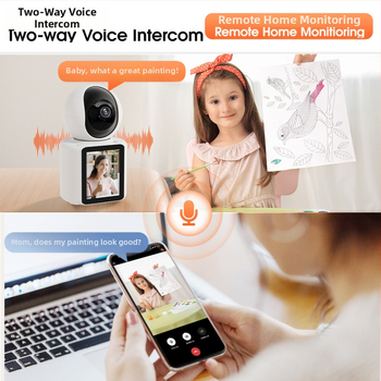 Gudrs iekšējais bērnu monitors ar ekrānu — divvirzienu video zvans. (Horisontālais rotācijas leņķis: 350°, Vertikālais: 60°, Spriegums: 5V 2A, PTZ materiāls: ABS)