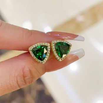 Náušnice – meď, zirkón, geometrický trojuholníkový dizajn, nišový štýl