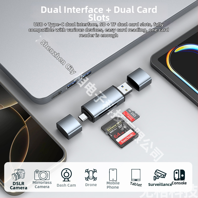 USB 3.0 a Type-C čítač kariet SD/TF — hliníkový zliatok, externý dvojkartový čítač