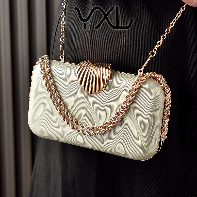 Geantă de seară din PU cu lanț shell, box stil, închidere cu lacăt, buzunar pentru telefon