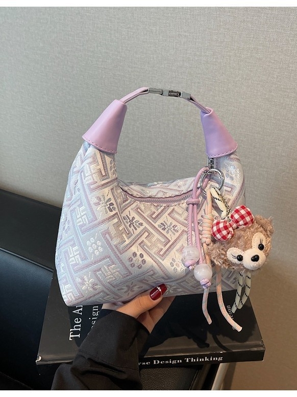 Geantă de damă în stil național Zhuang Brocade — din pânză, formă dumpling-type, închidere cu fermoar, buzunar interior laminat, căptușeală din poliester