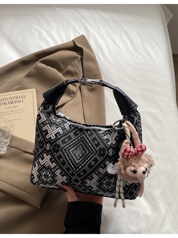 Geantă de damă în stil național Zhuang Brocade — din pânză, formă dumpling-type, închidere cu fermoar, buzunar interior laminat, căptușeală din poliester