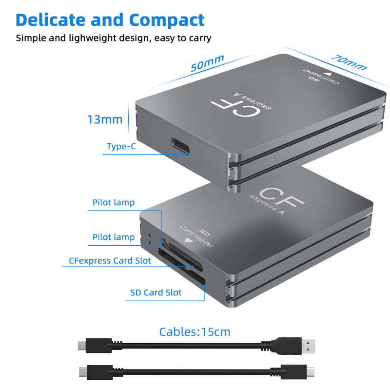 Cititor CFexpress Type A și SD, USB 3.2 Gen 2 (10Gbps), interfață Type-C, corp din aliaj de aluminiu