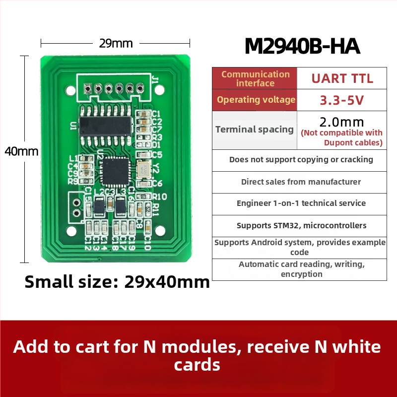 Modul čítača/zápisovač IC karty — 13,56 MHz, ISO14443A, UART rozhranie, kompatibilný s M1/S50/S70, čas čítania 0,01 s, model M2940B-HA