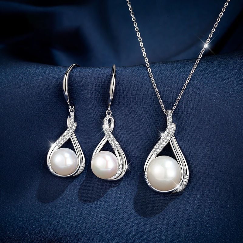 Комплект обеци и колие от изкуствени перли, У-образен дизайн, електроплатирано покритие, стоманени ушни игли