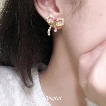 Cercei cu nod în formă de fundă, zirconiu, aliaj de zinc, placare electroplată, vară 2025, stil delicat și dulce