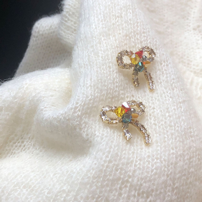 Cercei cu nod în formă de fundă, zirconiu, aliaj de zinc, placare electroplată, vară 2025, stil delicat și dulce