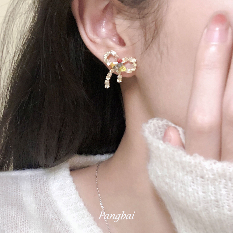 Cercei cu nod în formă de fundă, zirconiu, aliaj de zinc, placare electroplată, vară 2025, stil delicat și dulce