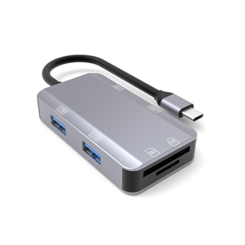 Șase în unu: cititor de carduri și docking station cu suport CF/SD, interfețe USB-C/USB, USB 2.0 de înaltă viteză, carcasă din aliaj de aluminiu
