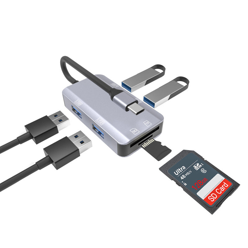 Șase în unu: cititor de carduri și docking station cu suport CF/SD, interfețe USB-C/USB, USB 2.0 de înaltă viteză, carcasă din aliaj de aluminiu