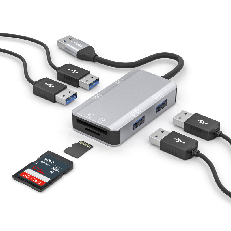 Șase în unu: cititor de carduri și docking station cu suport CF/SD, interfețe USB-C/USB, USB 2.0 de înaltă viteză, carcasă din aliaj de aluminiu