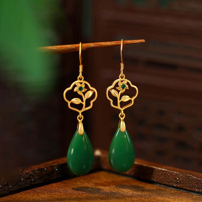 Cercei – placare cu aur, design floare cu formă de picătură, cu pietre, stil antic, lansare vară 2025