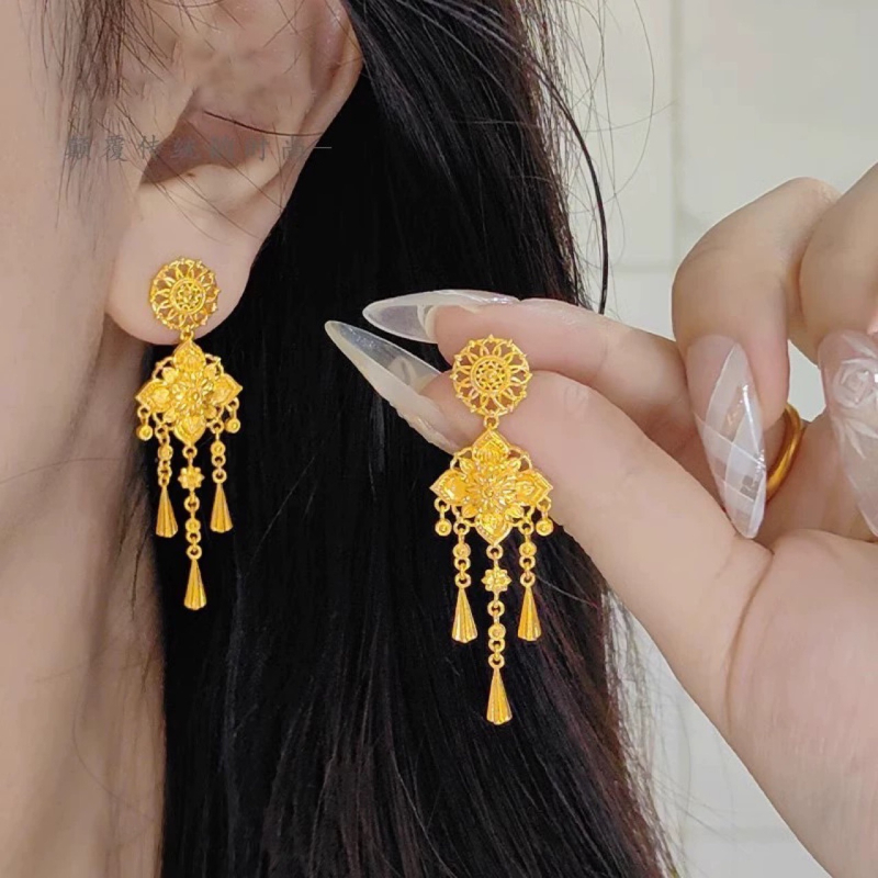 Cercei din cupru, cu motiv floral și ciucuri, placare electro, stil chinezesc, pentru femei