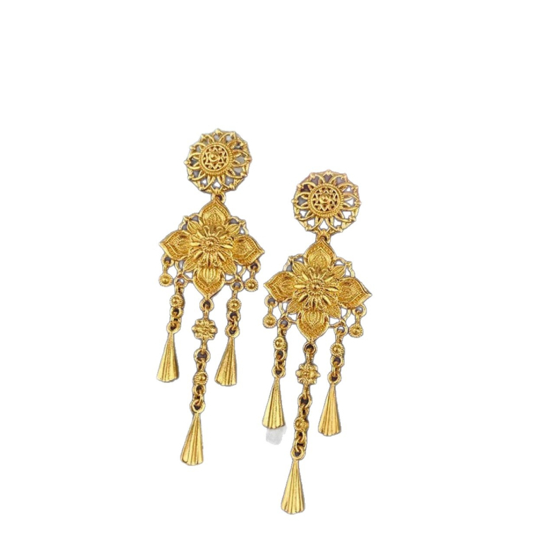 Cercei din cupru, cu motiv floral și ciucuri, placare electro, stil chinezesc, pentru femei