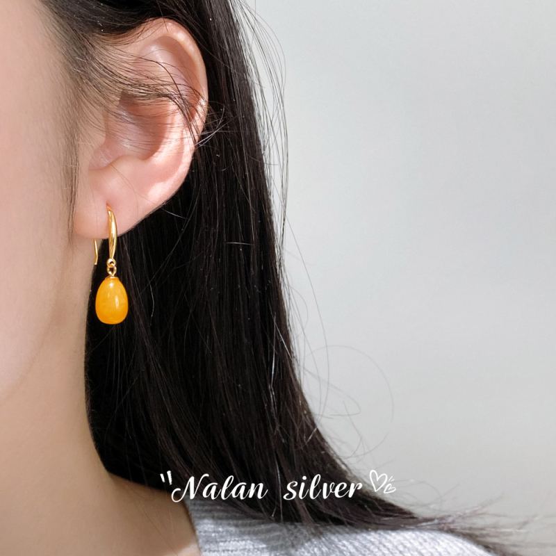 Ασημένια σκουλαρίκια S925 με οβάλ σταγόνα από κερί μελισσών, κορεατικό στυλ