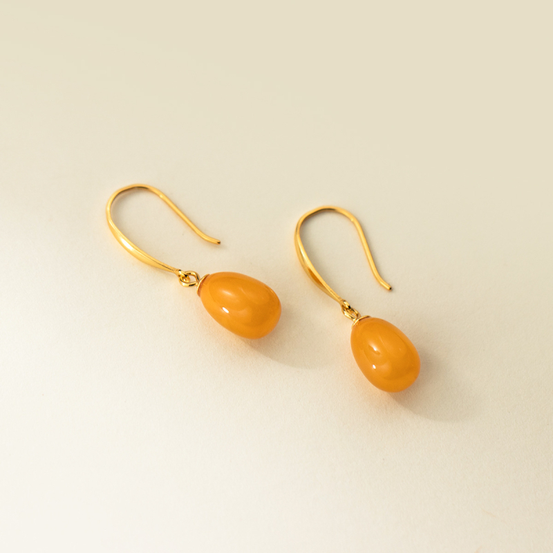 Ασημένια σκουλαρίκια S925 με οβάλ σταγόνα από κερί μελισσών, κορεατικό στυλ