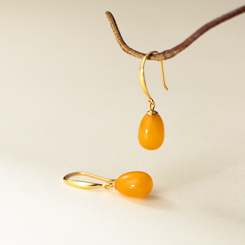 Ασημένια σκουλαρίκια S925 με οβάλ σταγόνα από κερί μελισσών, κορεατικό στυλ