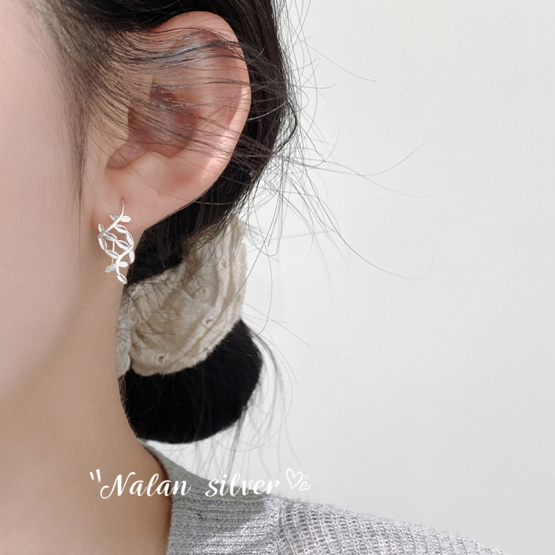 Σκουλαρίκια με γάντζο για το αυτί από 925 ασήμι, σχέδιο ελιάς-φύλλου, για γυναίκες, κορεατικό στυλ