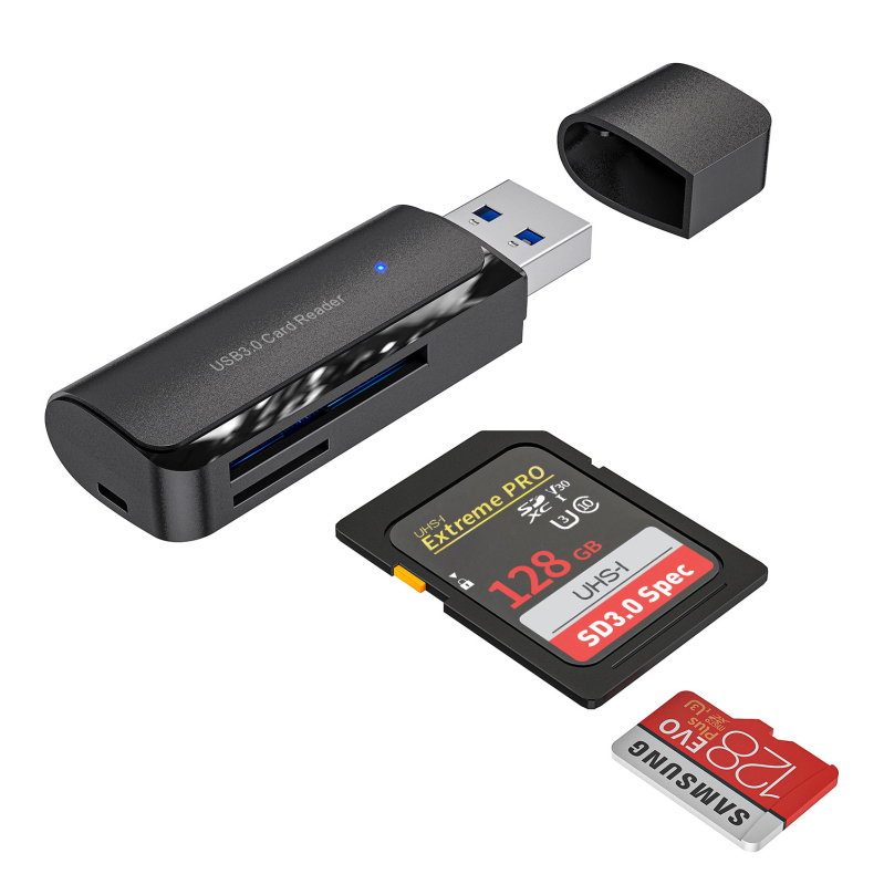Cititor USB 3.0 2-în-1 pentru SD/TF – cititor extern pentru PC/Laptop, model HYD-7067, suportă SD/SDHC/MMC Plus/TF/MicroSD, compatibil cu toate sistemele