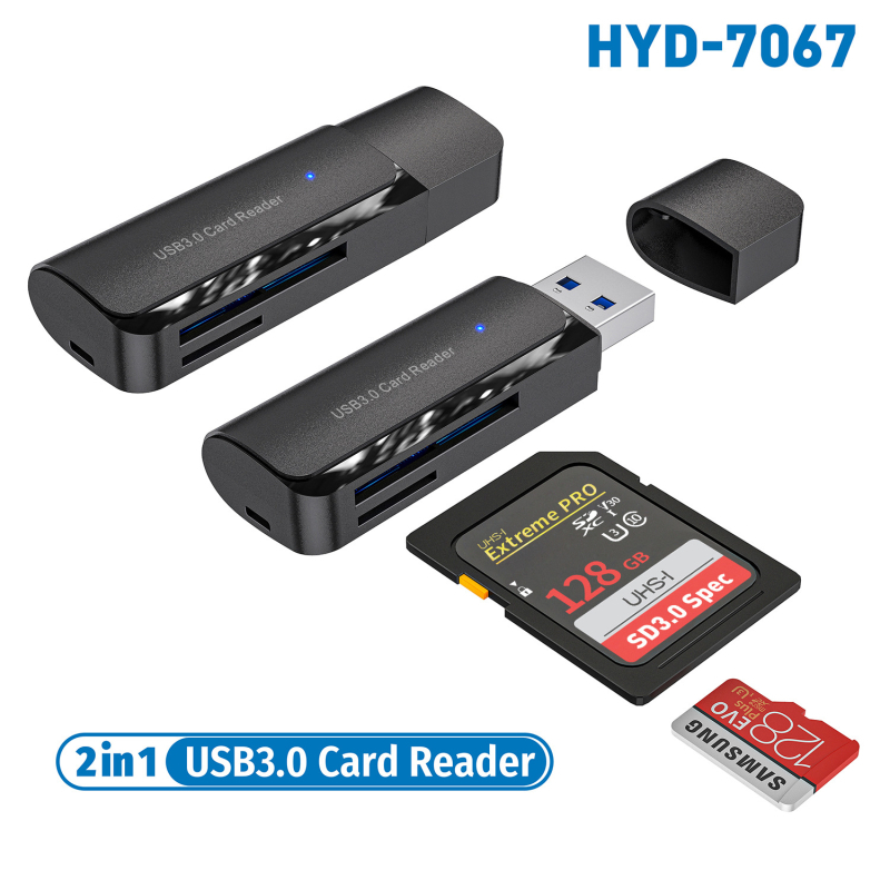 Cititor USB 3.0 2-în-1 pentru SD/TF – cititor extern pentru PC/Laptop, model HYD-7067, suportă SD/SDHC/MMC Plus/TF/MicroSD, compatibil cu toate sistemele
