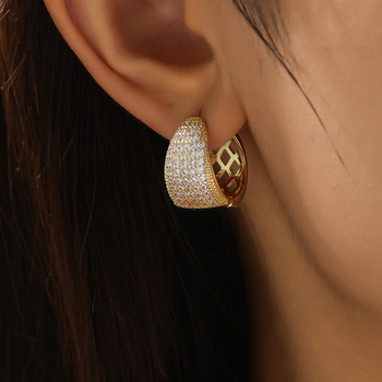 Χαλκός γεωμετρικά οβάλ σκουλαρίκια με ζιρκόν, υψηλής ποιότητας σχέδιο με κούμπωμα για το αυτί, για γυναίκες