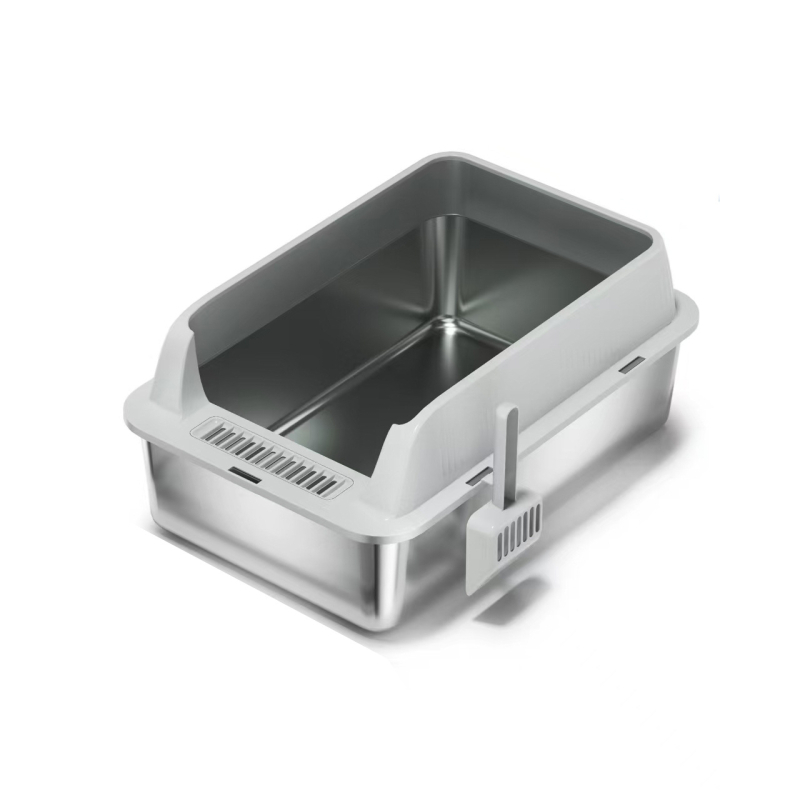 Miska na mačky z kovu a ABS, vysoký plot, otvorený dizajn, čiastočne uzavretá s ochranou proti piesku