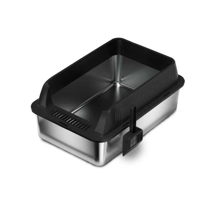 Miska na mačky z kovu a ABS, vysoký plot, otvorený dizajn, čiastočne uzavretá s ochranou proti piesku